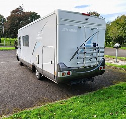 Rearview. Cycle rack, Tow bar, Reversing camera, Water filler cap Toilet cassette access door, Garage door.